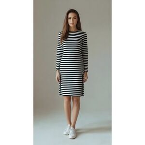 Michael Kors Striped Ponte Knit Dress Navi White Gold Zipper Detail S‎